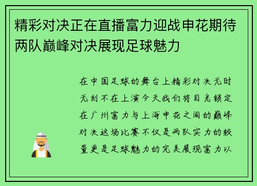 精彩对决正在直播富力迎战申花期待两队巅峰对决展现足球魅力